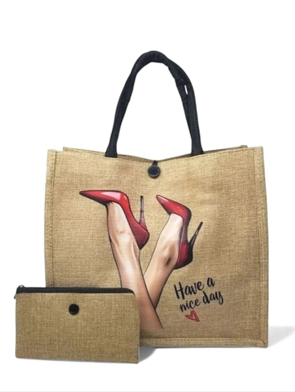 Large Natural Jute Burlap Tote / High Heel Graphic Shoulder Bag and Wallet Set